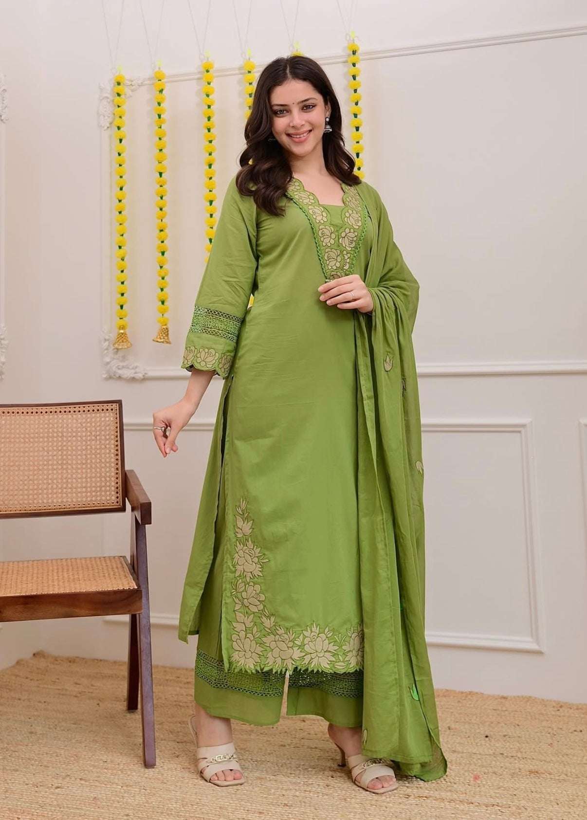 Ruchira A-line cotton embroidered suit (set of 3)