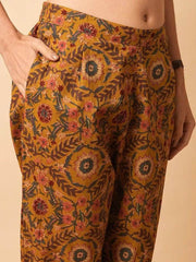 Mustard yellow floral printed panelled beads cotton kurta set - Eraya