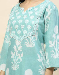 Floral Printed Notch Neck Pure Cotton Straight Kurta With Pant And Dupatta-II - Eraya
