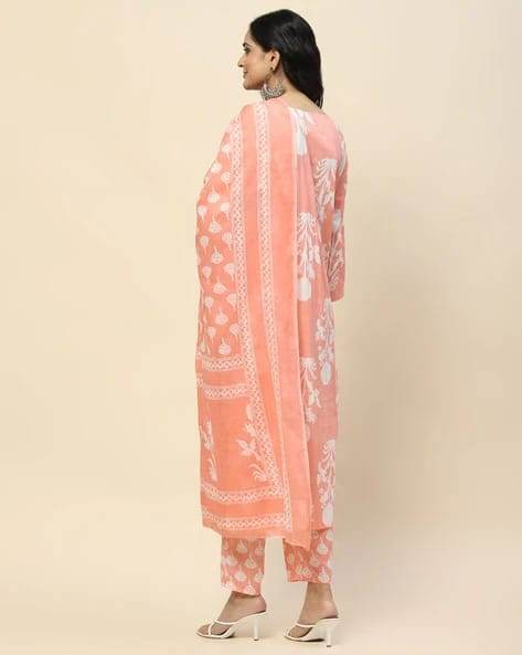 Floral Printed Notch Neck Pure Cotton Straight Kurta With Pant And Dupatta - Eraya