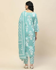 Floral Printed Notch Neck Pure Cotton Straight Kurta With Pant And Dupatta-II - Eraya
