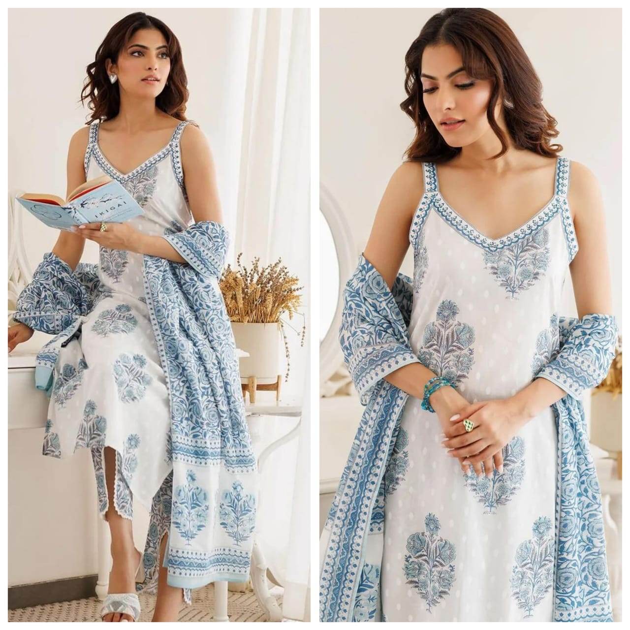 White Block Printed Cotton Cut sleeves kurti pant and dupatta Set - Eraya