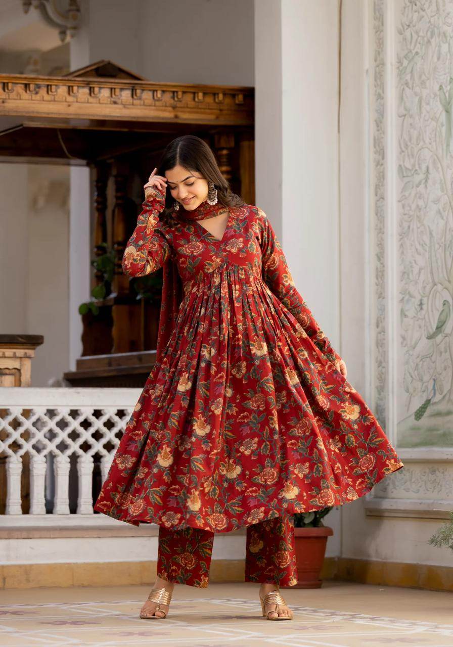Beautiful floral print cotton anarkali, pant and dupatta set - Eraya