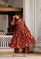 Beautiful floral print cotton anarkali, pant and dupatta set - Eraya