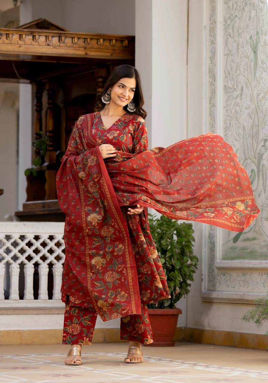 Beautiful floral print cotton anarkali, pant and dupatta set - Eraya