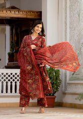 Beautiful floral print cotton anarkali, pant and dupatta set - Eraya