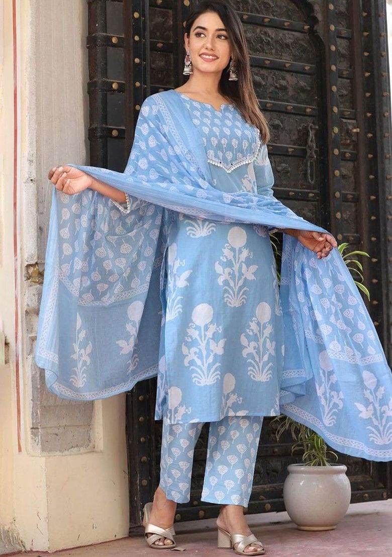 Floral Printed Notch Neck Pure Cotton Straight Kurta With Pant And Dupatta - Eraya