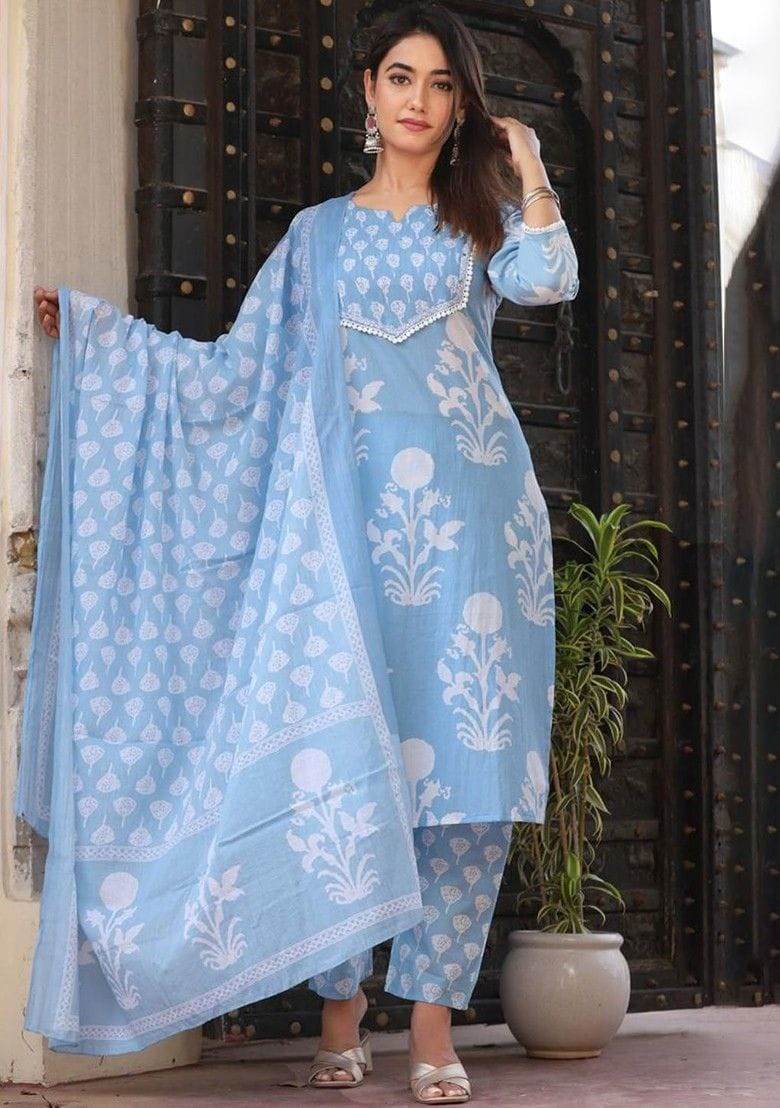 Floral Printed Notch Neck Pure Cotton Straight Kurta With Pant And Dupatta - Eraya