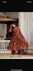 Beautiful floral print cotton anarkali, pant and dupatta set - Eraya