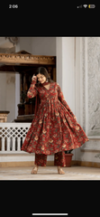 Beautiful floral print cotton anarkali, pant and dupatta set - Eraya