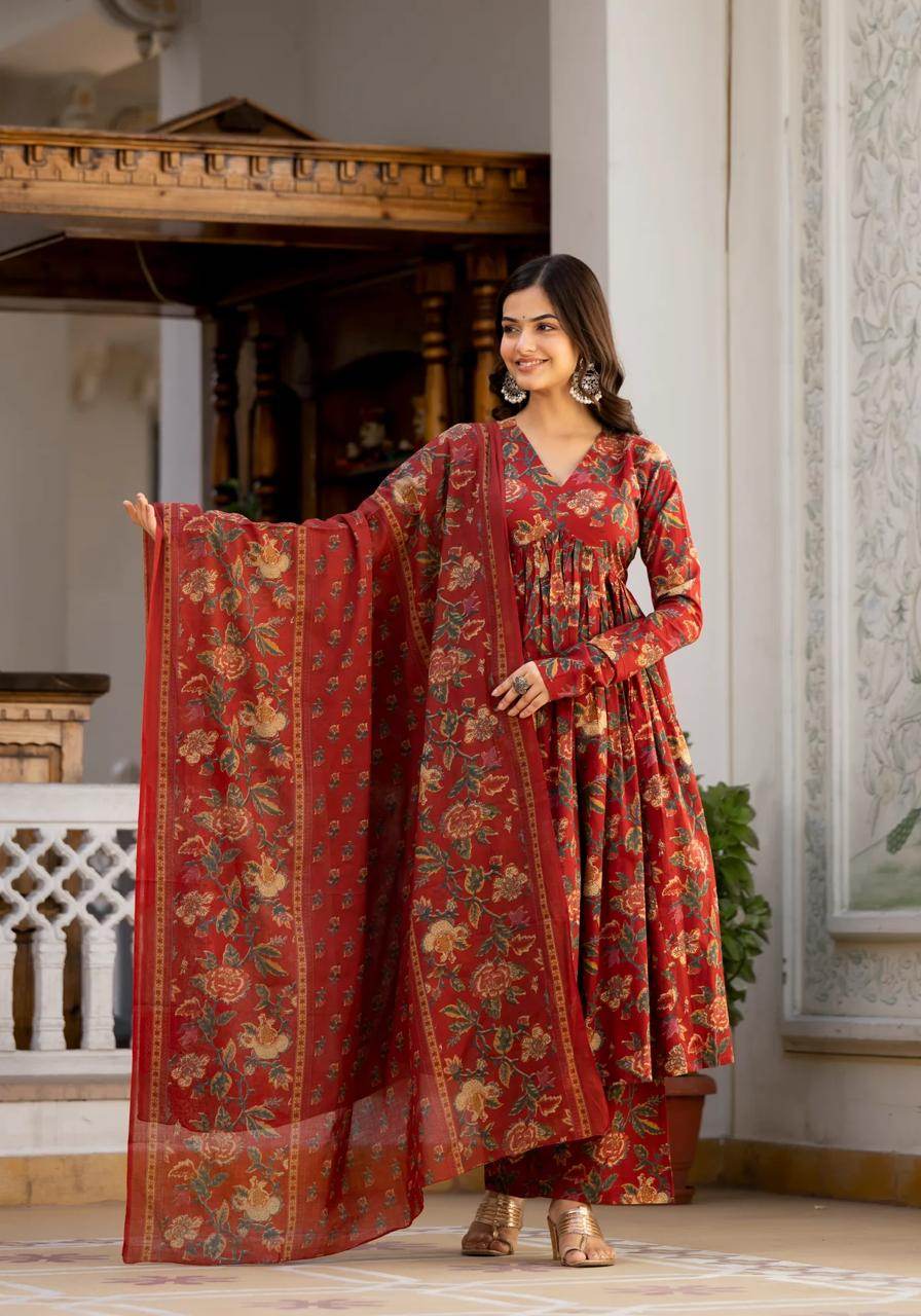 Beautiful floral print cotton anarkali, pant and dupatta set - Eraya