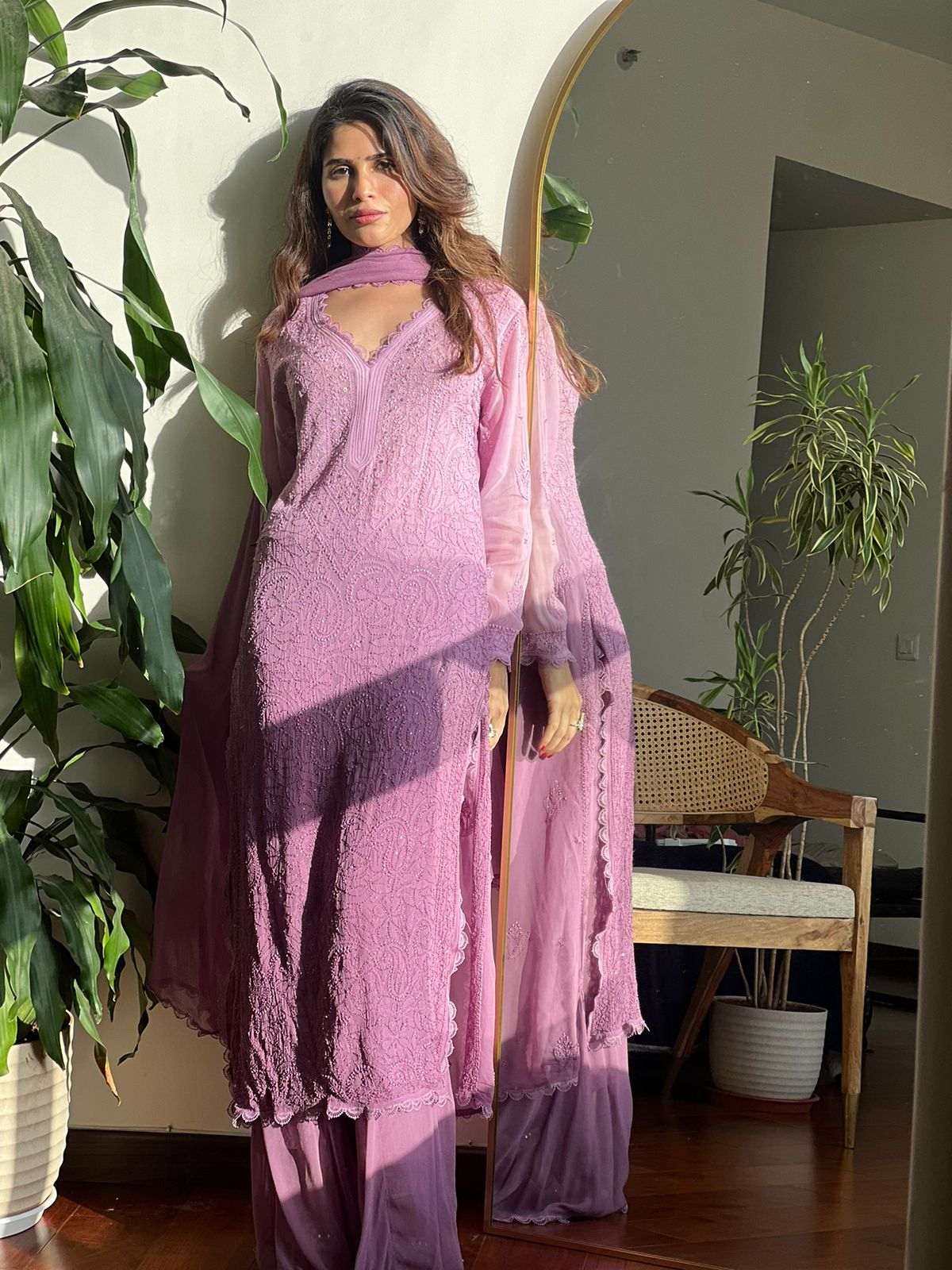 Paisley lavender chikankari and lace work kurta set (set of 3)