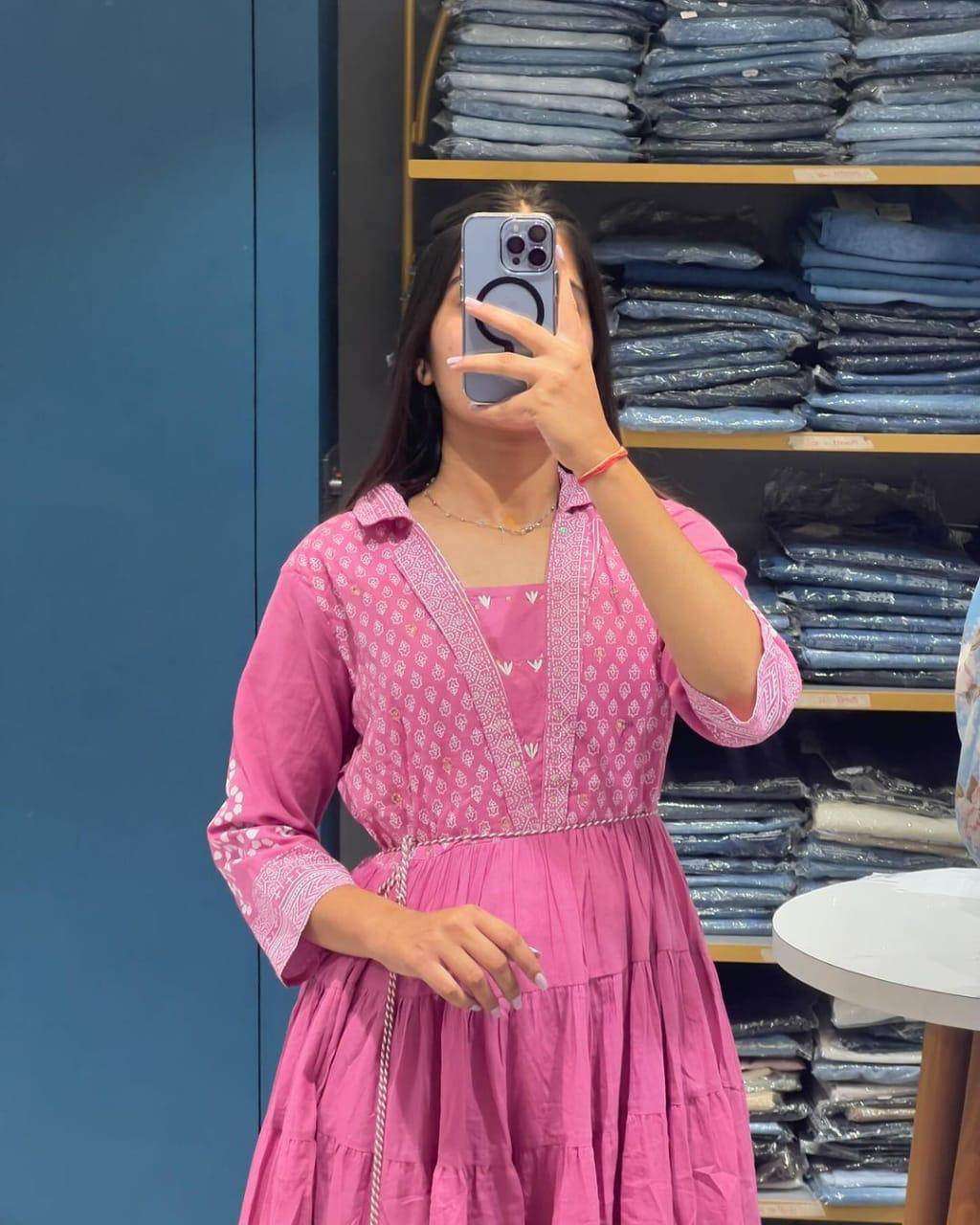 Adda work sanganeri printed anarkali kurta-pant set - Eraya