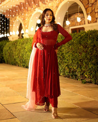 Rustika maroon embroidered georgette suit (set of 3)