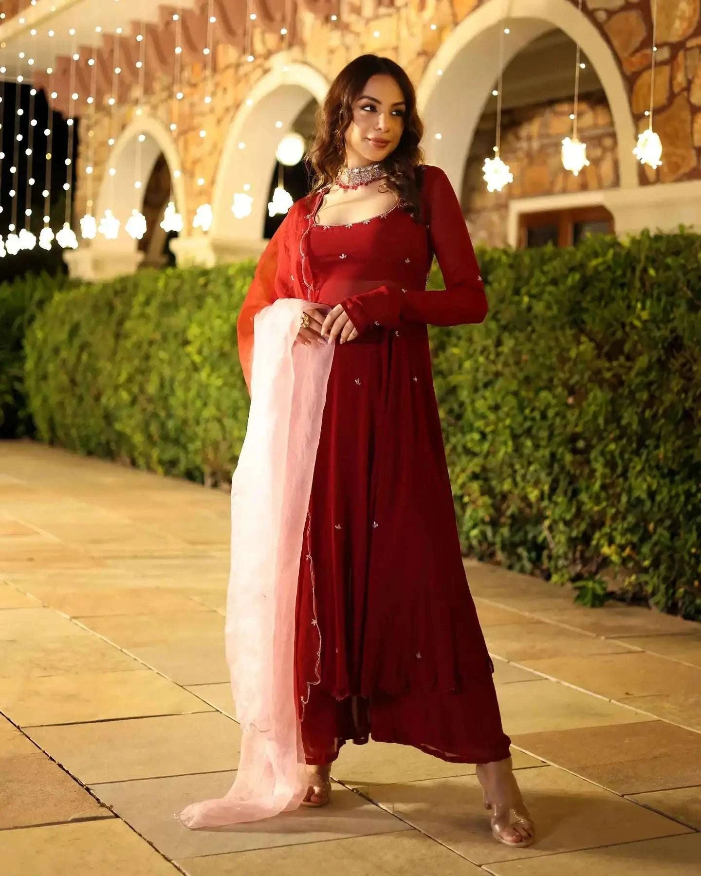 Rustika maroon embroidered georgette suit (set of 3)