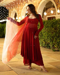 Rustika maroon embroidered georgette suit (set of 3)