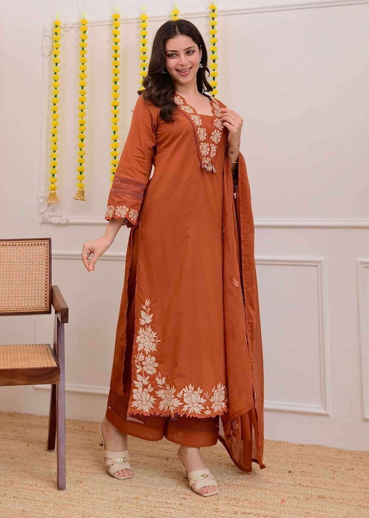 Ruchira A-line cotton embroidered suit (set of 3)