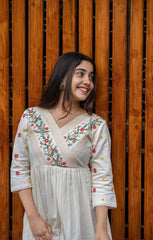 Beautiful floral embroidered cotton off-white midi dress - Eraya