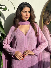 Paisley lavender chikankari and lace work kurta set (set of 3)