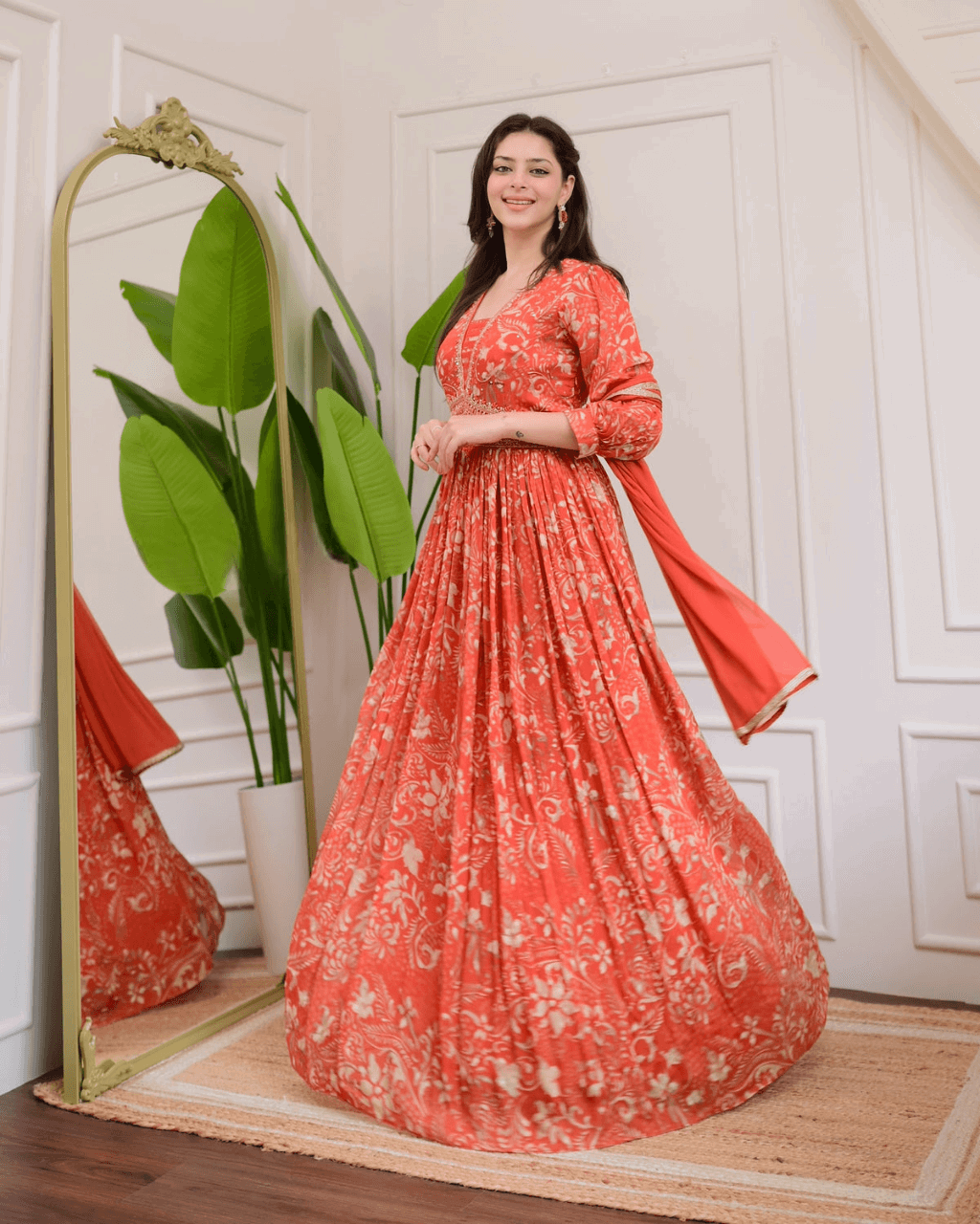 Royal orange chinon flared anarkali set - Eraya