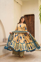 Blue leaf printed pure cotton anarkali kurti set - Eraya