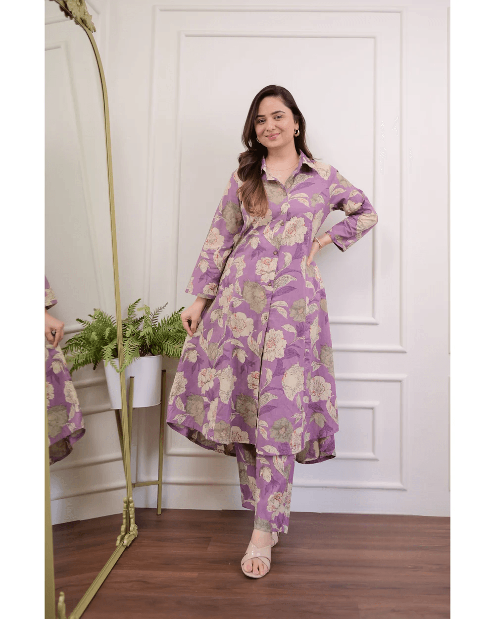 Purple rayon floral co-ord set with matching pants - Eraya