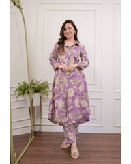 Purple rayon floral co-ord set with matching pants - Eraya
