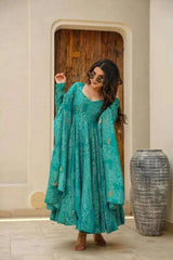 Classy green bandhani print three piece anarkali set - Eraya