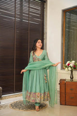 Sea green flared anarkali suit set - Eraya