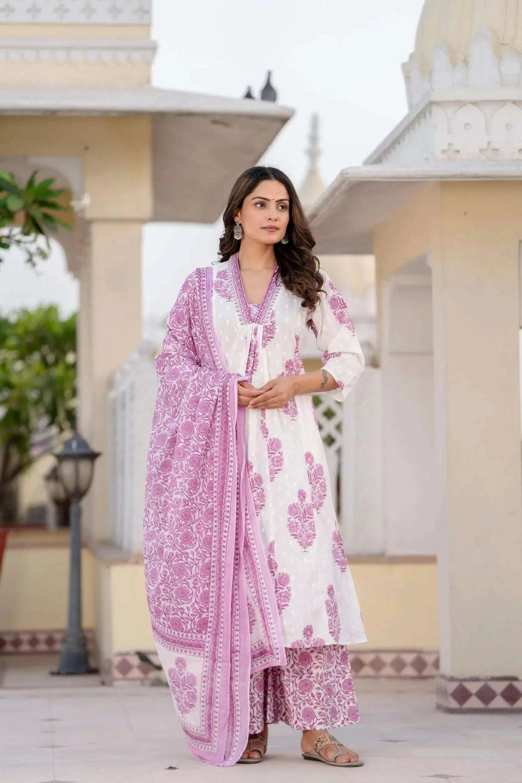 Heavy mirror work zari weaving three piece cotton kurti set - Eraya