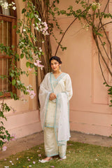 Shahi Vastram: Ivory White Chanderi Embroidered Suit Set. - Eraya