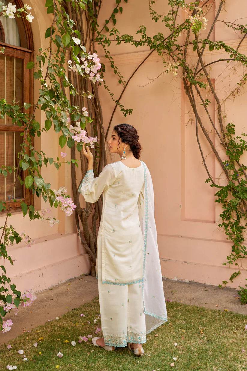 Shahi Vastram: Ivory White Chanderi Embroidered Suit Set. - Eraya