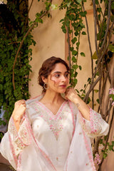 Shahi Vastram: Ivory White Chanderi Embroidered Suit Set. - Eraya