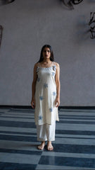 Cotton flex mirror and bead work kurta-pant set