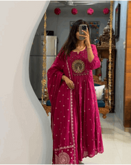 Embroidered anarkali kurta set with cotton pant and dupatta