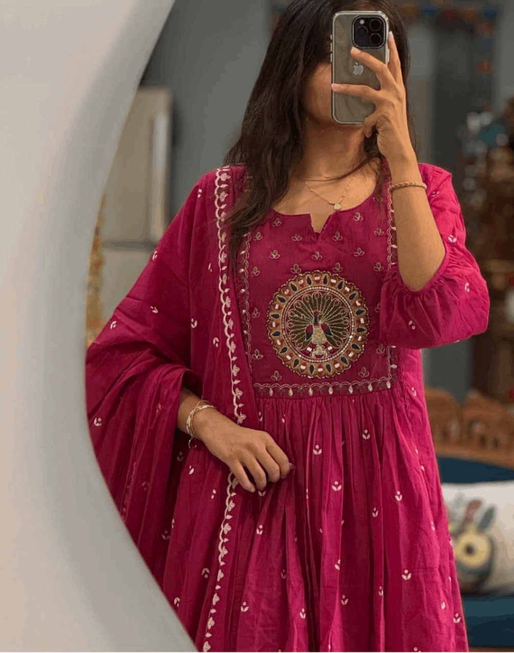 Embroidered anarkali kurta set with cotton pant and dupatta
