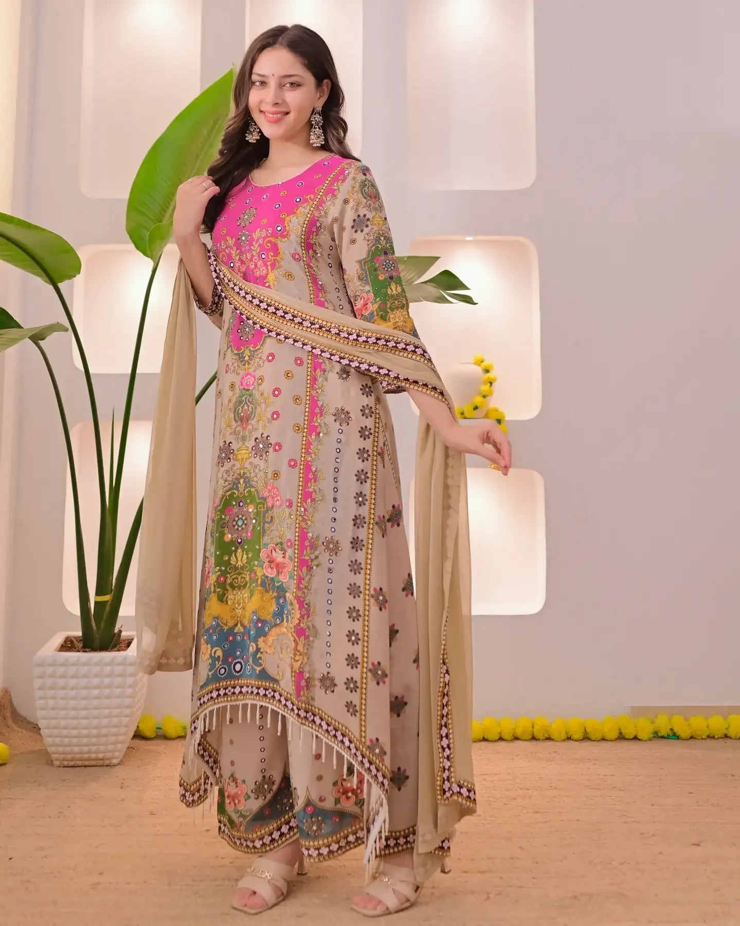 Noor-e-mahal golden beige festive suit (set of 3)