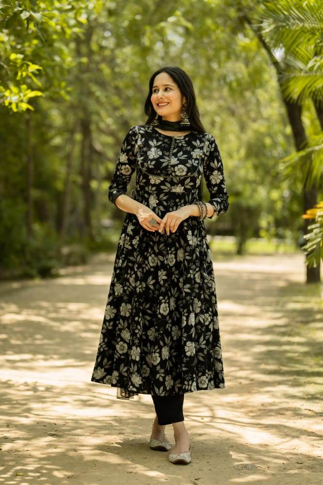 Black Floral Printed Anarkali Kurta with Pant and Dupatta - Eraya