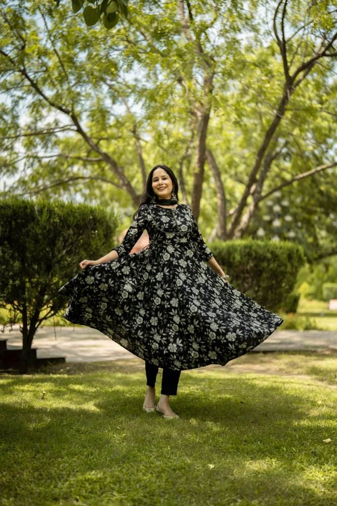 Black Floral Printed Anarkali Kurta with Pant and Dupatta - Eraya