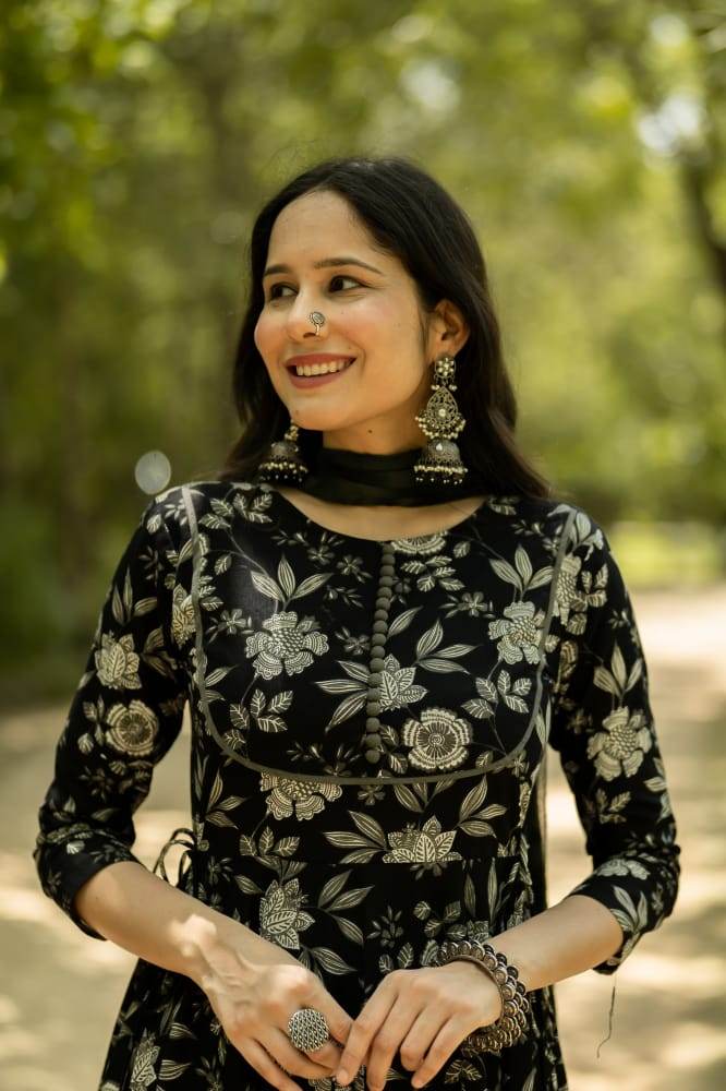 Black Floral Printed Anarkali Kurta with Pant and Dupatta - Eraya