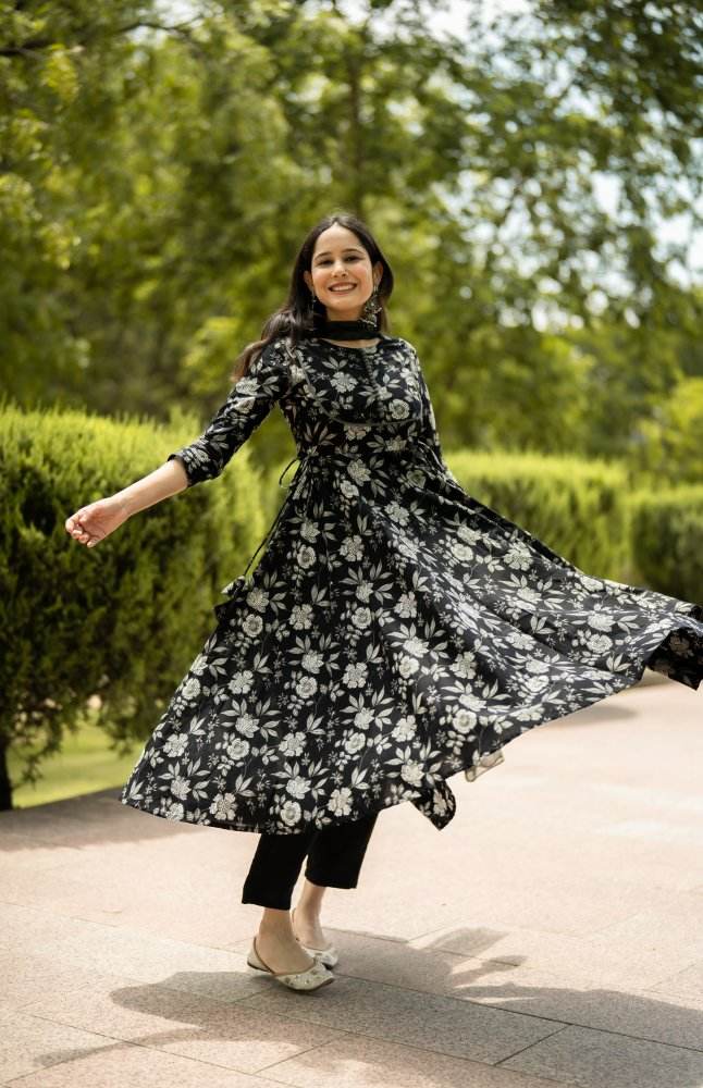 Black Floral Printed Anarkali Kurta with Pant and Dupatta - Eraya