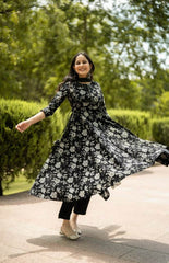 Black Floral Printed Anarkali Kurta with Pant and Dupatta - Eraya