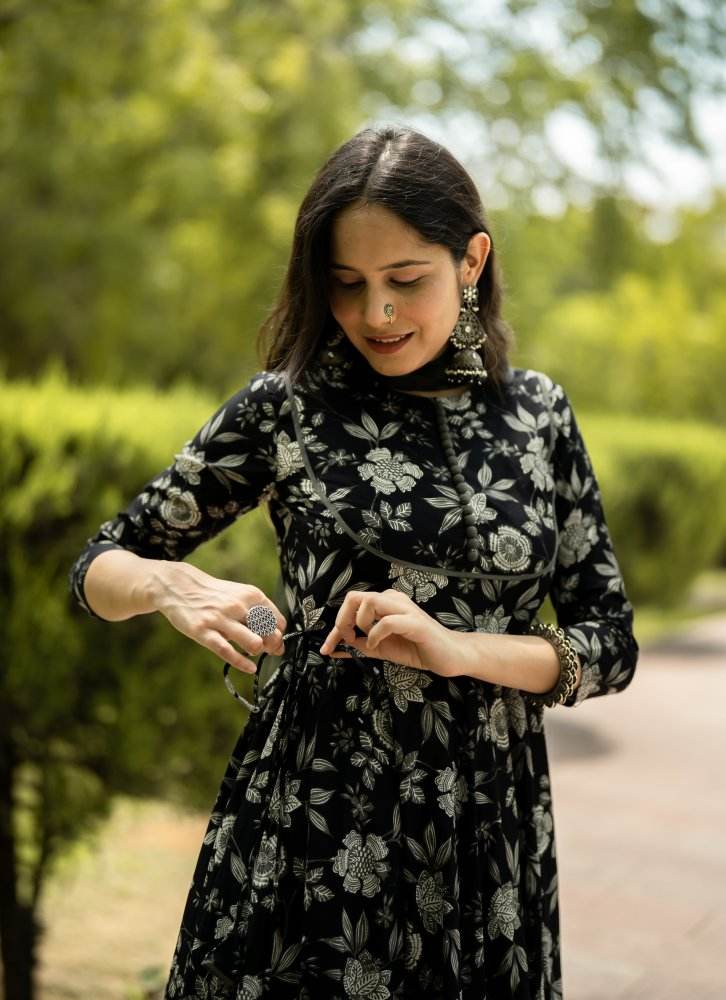Black Floral Printed Anarkali Kurta with Pant and Dupatta - Eraya