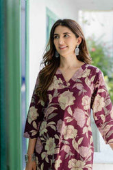 Wine floral kurti-plazo set