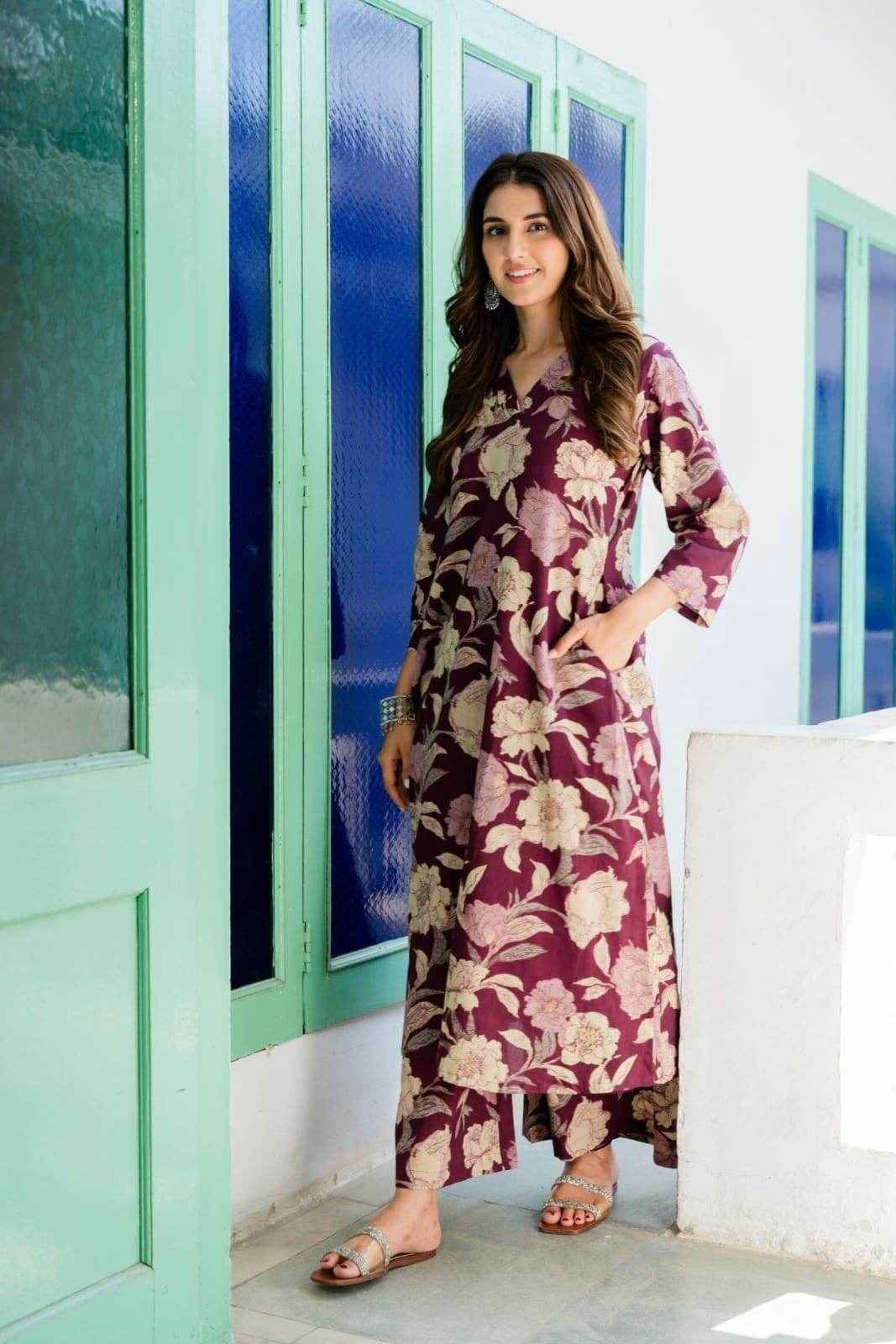 Wine floral kurti-plazo set
