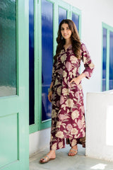 Wine floral kurti-plazo set - Eraya