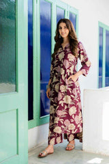 Wine floral kurti-plazo set