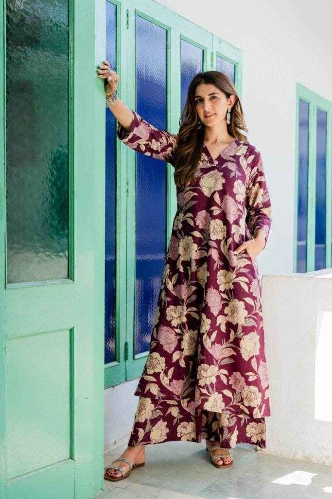 Wine floral kurti-plazo set