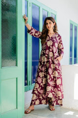 Wine floral kurti-plazo set - Eraya