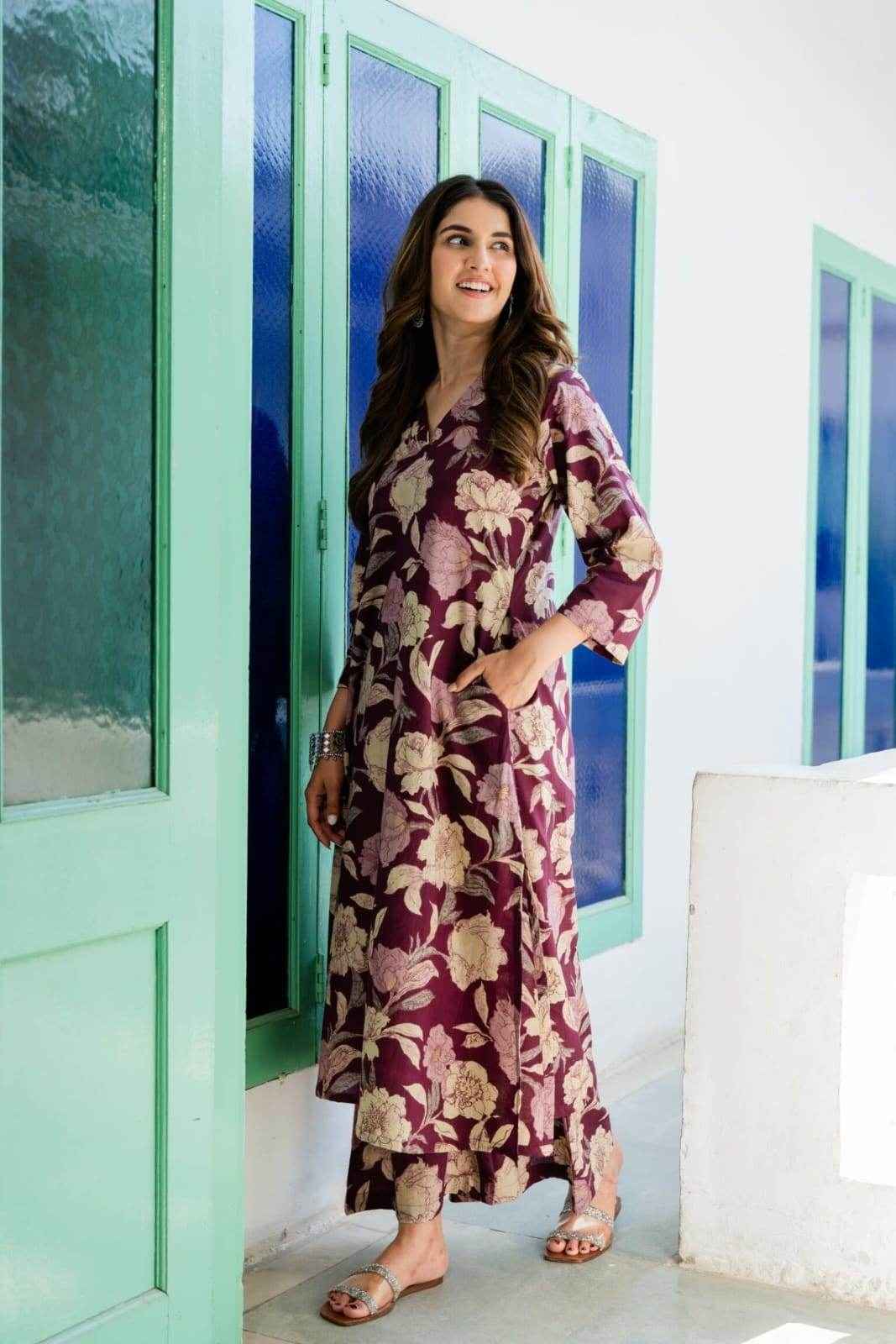Wine floral kurti-plazo set